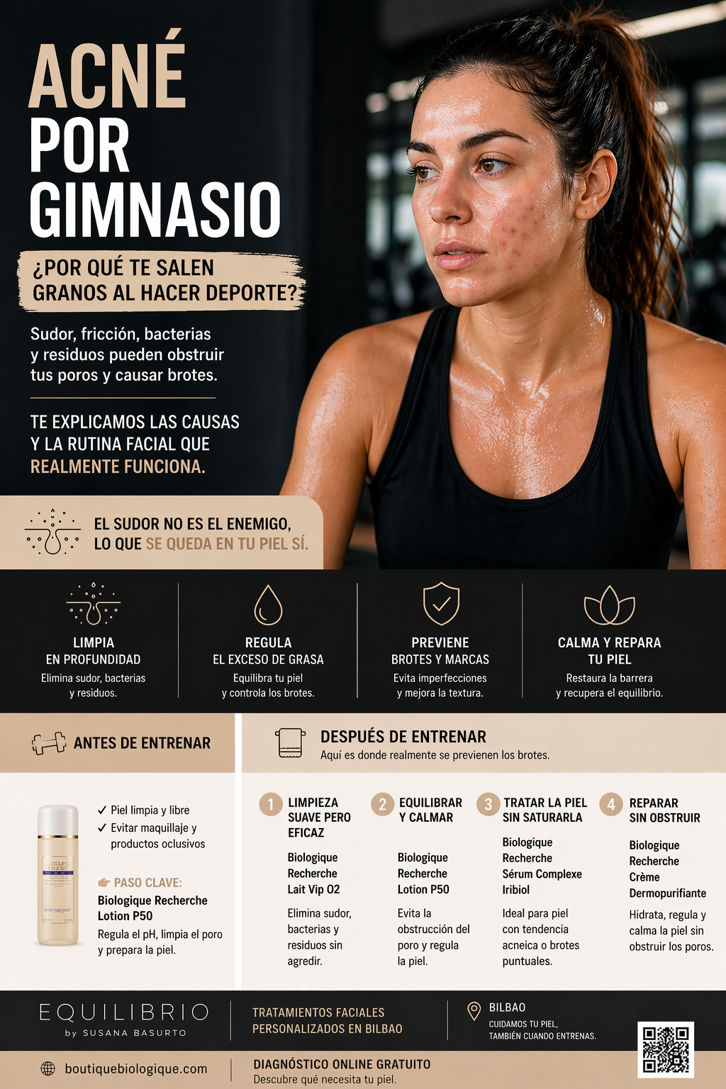 Acné por gimnasio y granos por sudor en la piel después del deporte