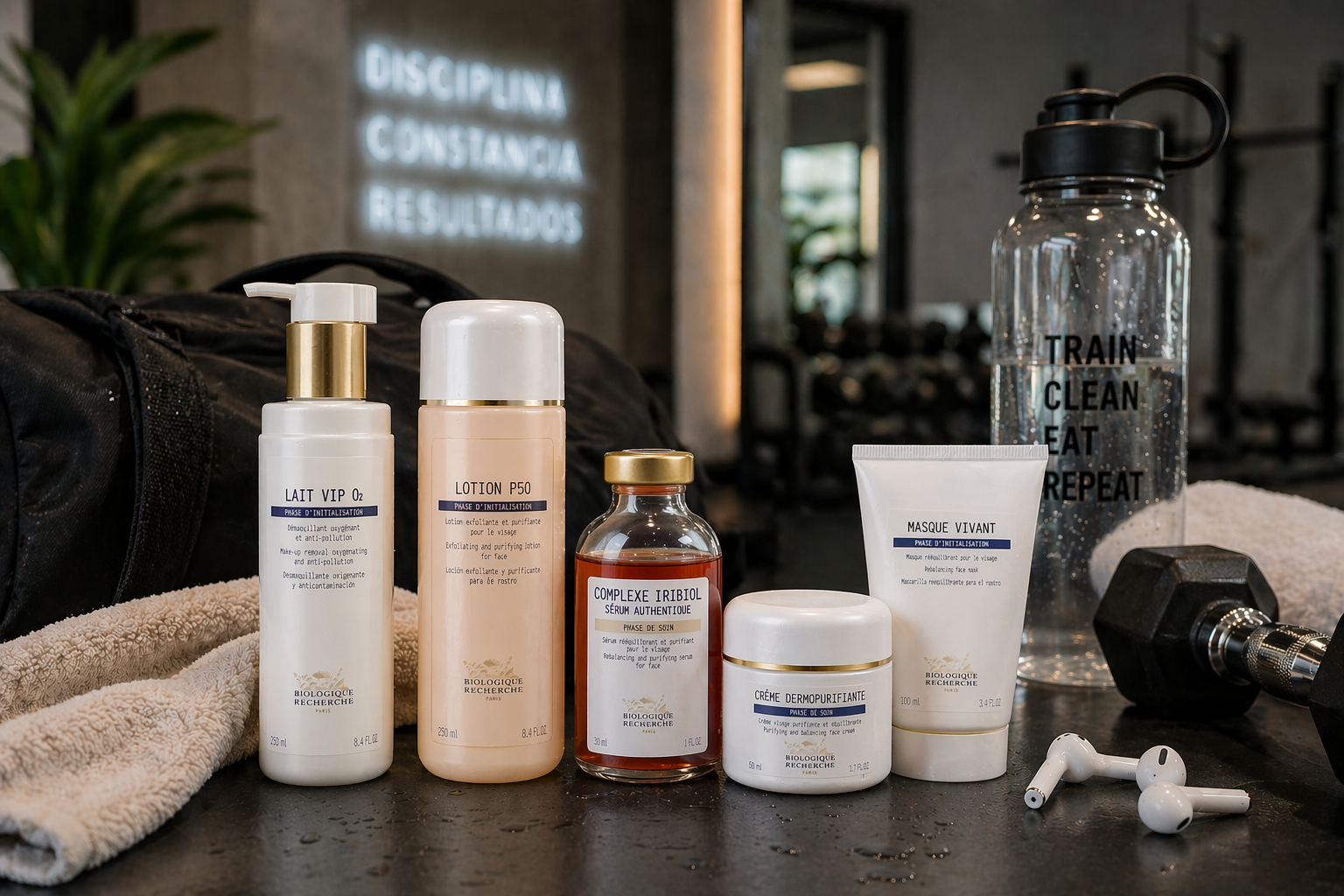 Rutina facial con productos Biologique Recherche para acné por gimnasio y granos por sudor