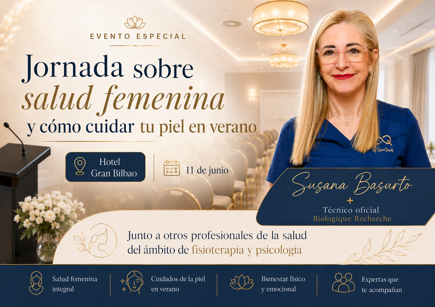 Biologique Recherche y Susana Basurto juntas en un evento skincare premium en el Hotel Gran Bilbao, en Bilbao, el 11 de junio de 2026. 